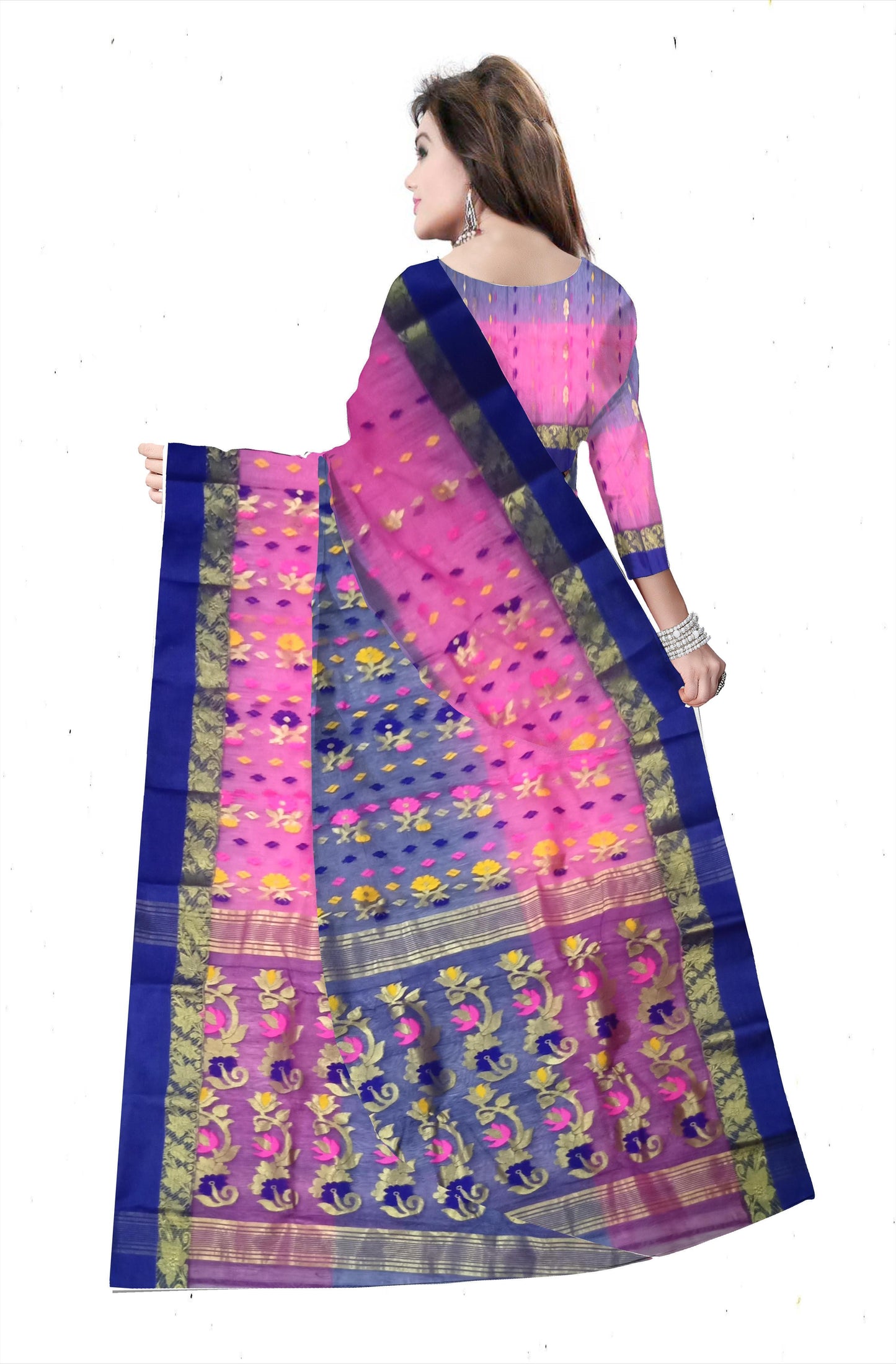 Pradip Fabrics Ethnic Women's Tant Silk Dark Blue and Pink Color Buti Work Floral Design Saree