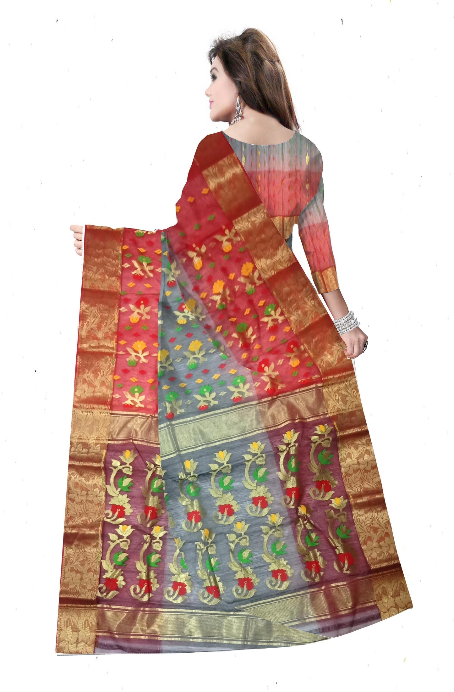 Pradip Fabrics Ethnic Women's Tant Silk Slate and Red Color Buti Work Floral Design Saree