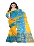Pradip Fabrics Ethnic Women's Tant Silk Sky blue and Yellow Color Saree