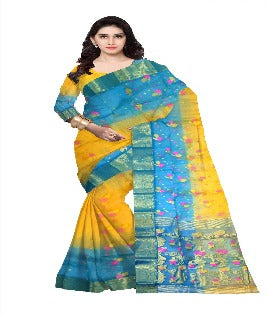 Pradip Fabrics Ethnic Women's Tant Silk Sky blue and Yellow Color Saree