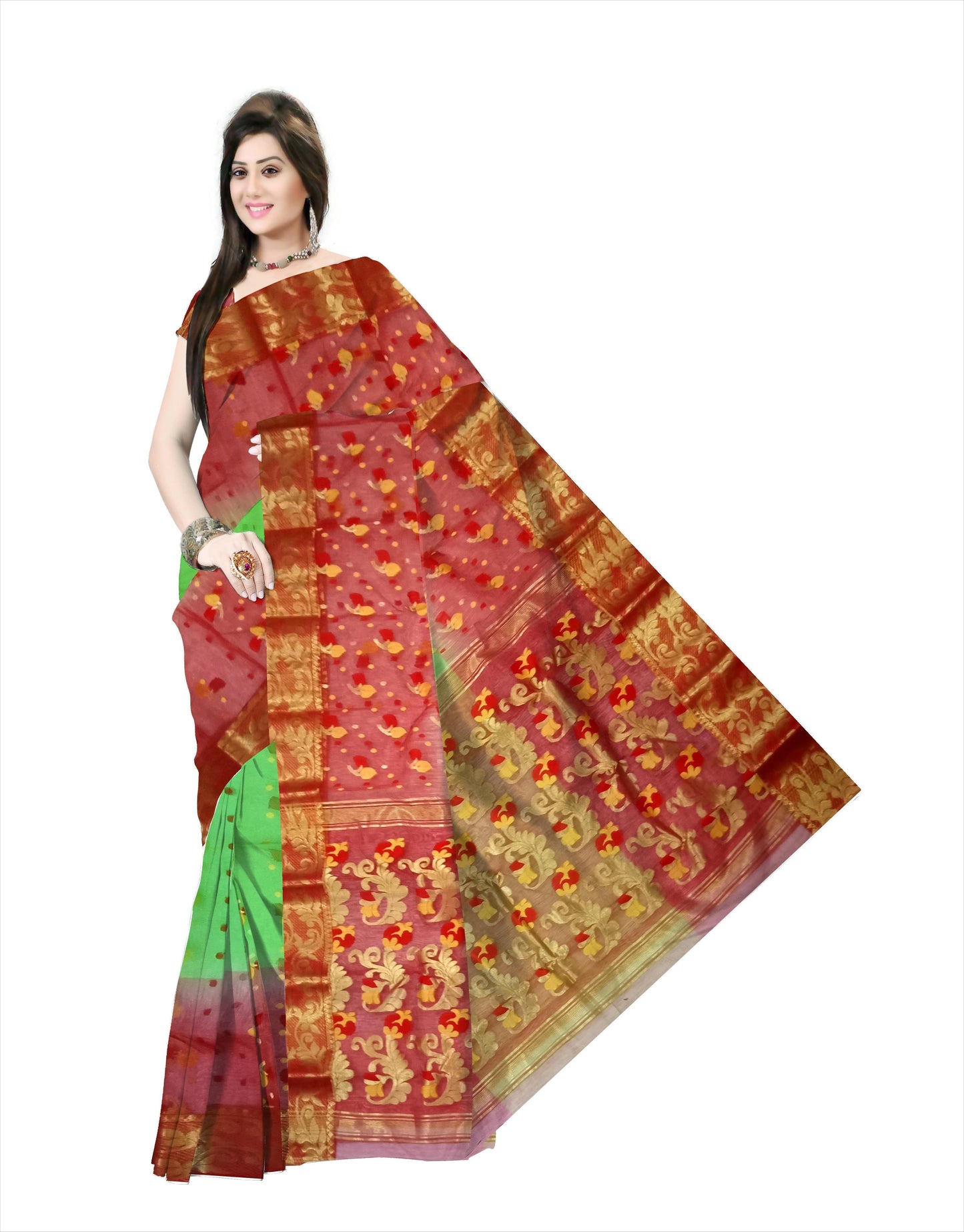 Pradip Fabrics Ethnic Women's Tant Silk Green and Orange Color Saree