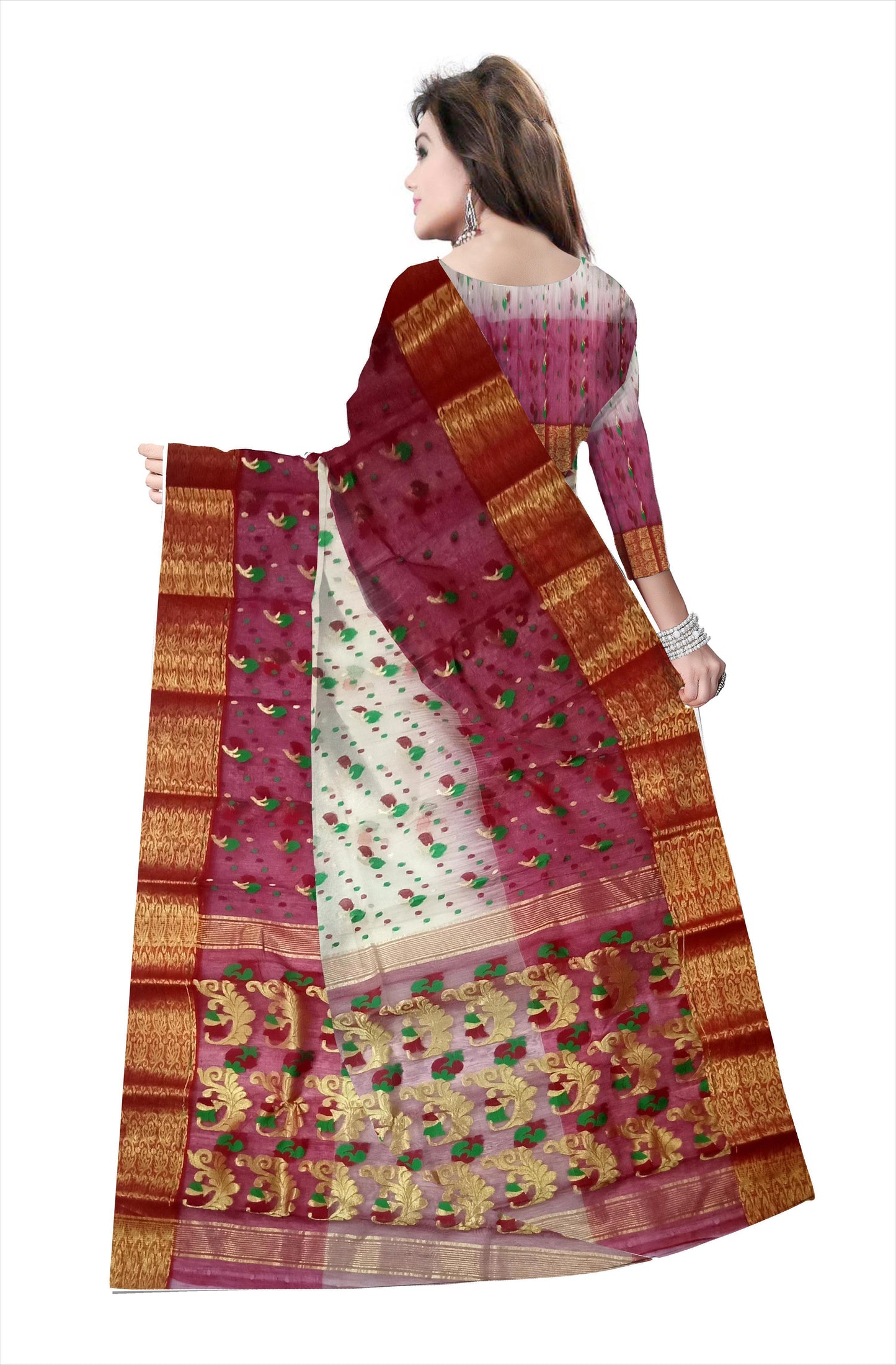 Pradip Fabrics Ethnic Women's Tant Silk White and Maroon  Color All Over Buti Work Saree
