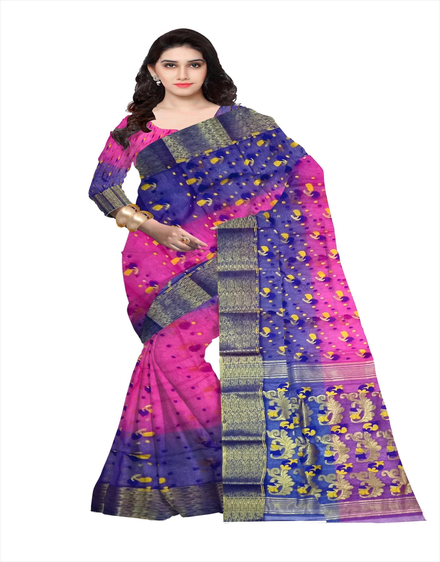 Pradip Fabrics Ethnic Women's Tant Silk Pink and Blue Color All Over Buti Work Saree