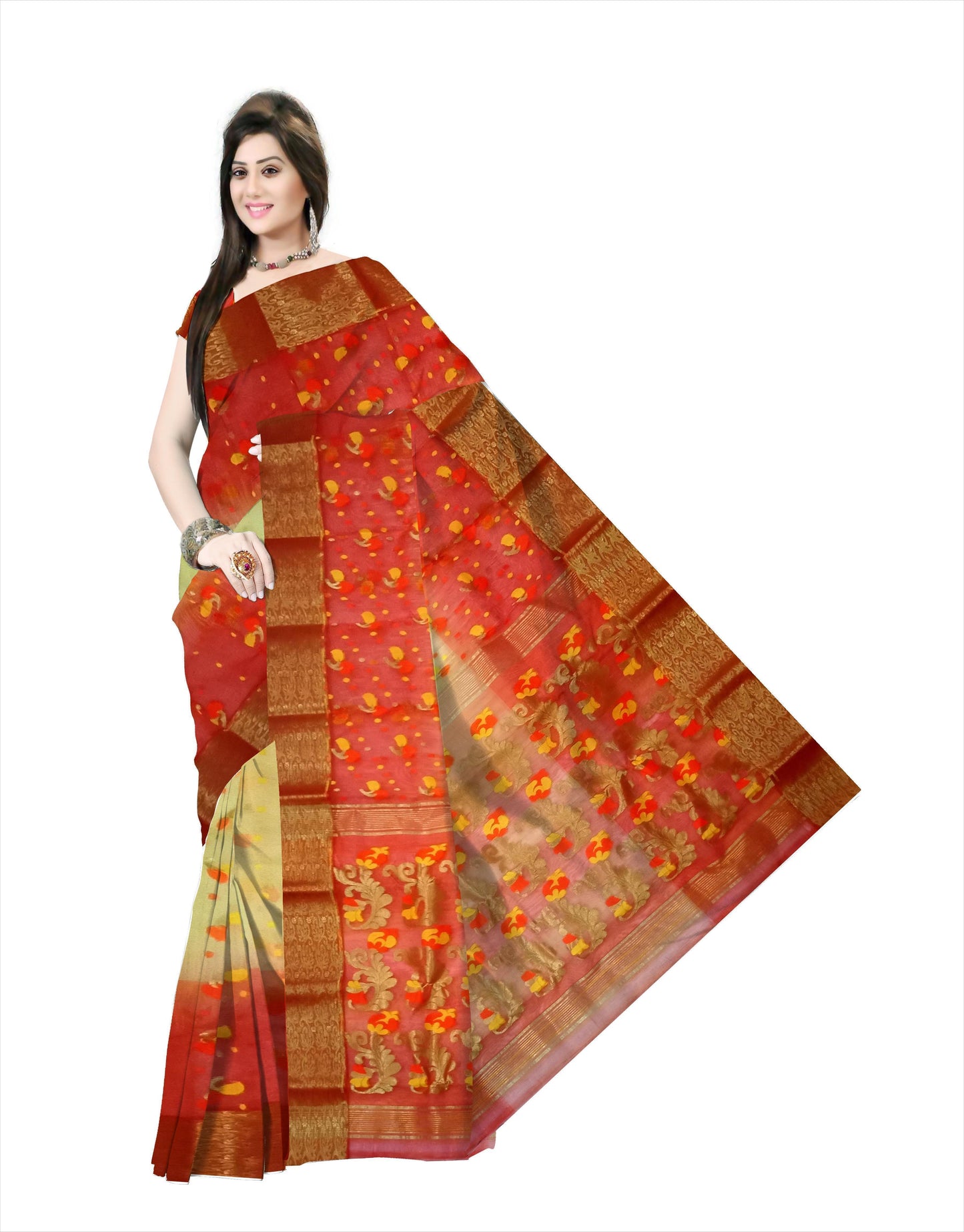 Pradip Fabrics Ethnic Women's Tant Silk Orange and cream Color Saree