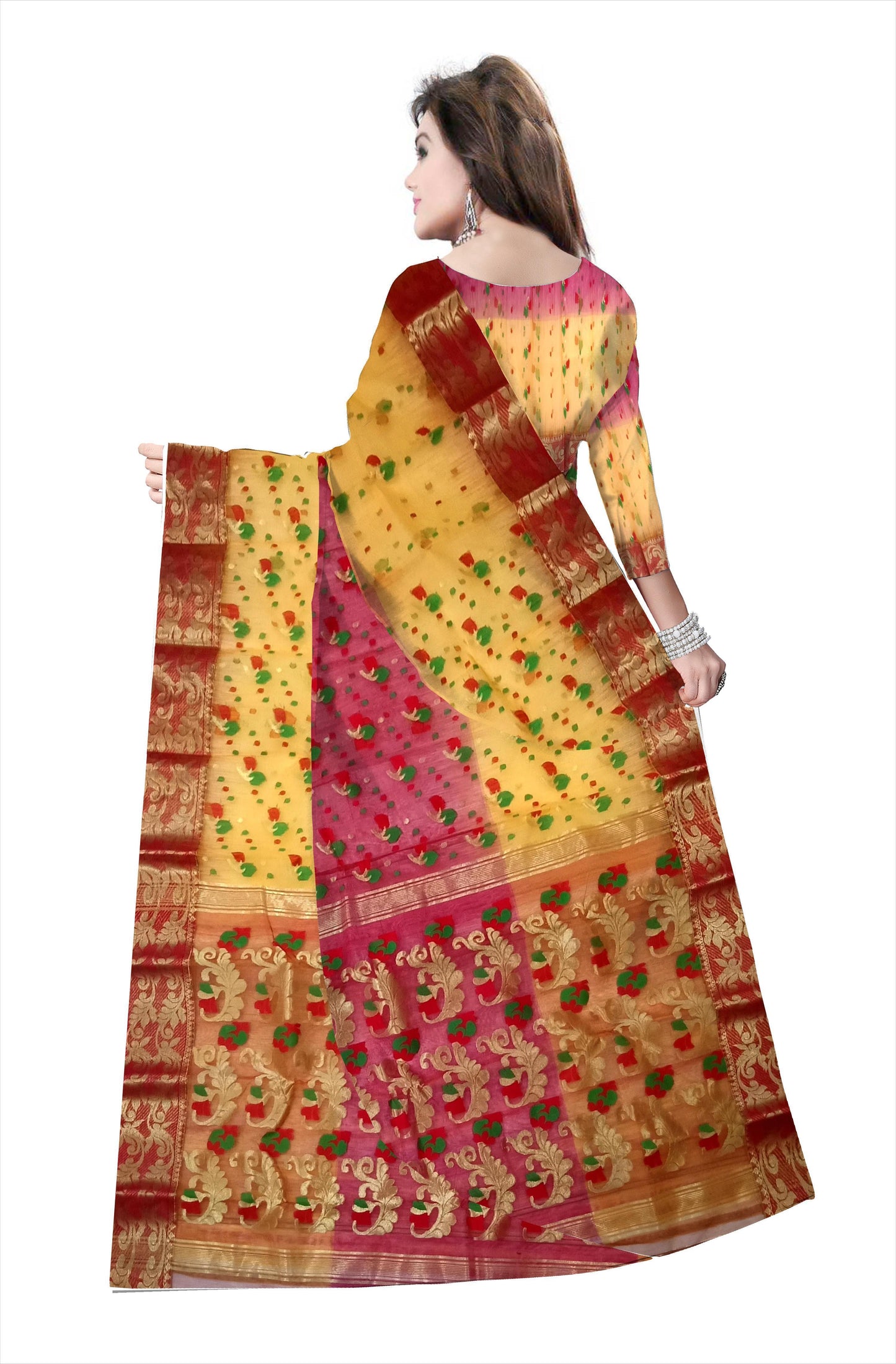 Pradip Fabrics Ethnic Women's Tant Silk Yellow and Red Body All Over Buti Work Saree