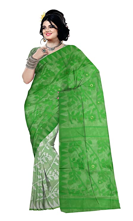 Pradip Fabrics Ethnic Women's Tant Cotton All Over Gap Dhakai Jamdani Green and White Color Saree