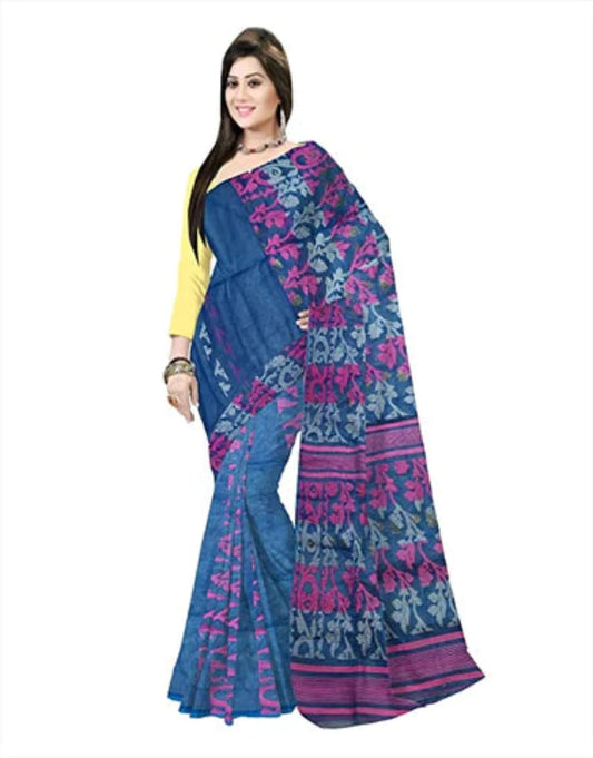 Pradip Fabrics Ethnic Women's Tant jamdani  Blue Color Saree