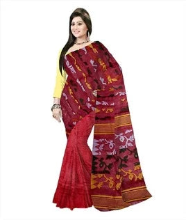 Pradip Fabrics Ethnic Women's Tant Jamdani Dark Red Color Floral Design Saree