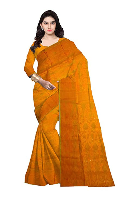 Pradip Fabrics Ethnic Women's Tant Cotton All Over Gap Dhakai Jamdani Yellow Color Saree