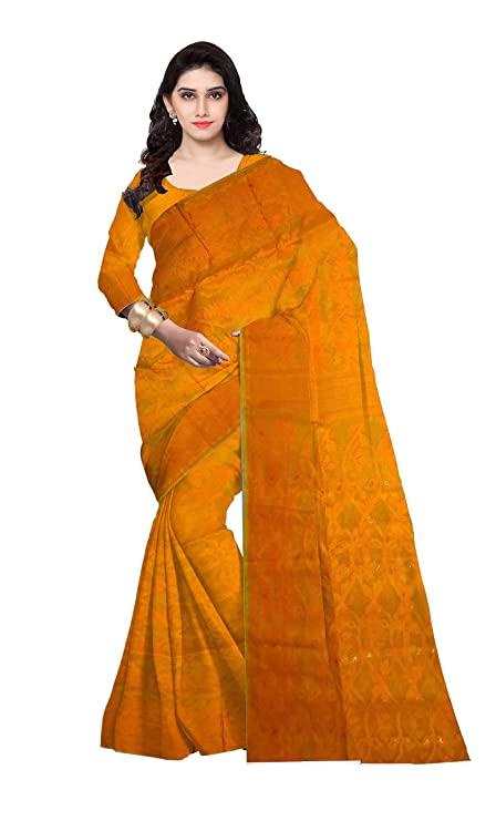 Pradip Fabrics Ethnic Women's Tant Cotton All Over Gap Dhakai Jamdani Yellow Color Saree