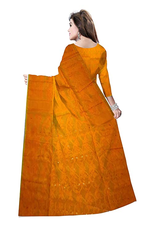 Pradip Fabrics Ethnic Women's Tant Cotton All Over Gap Dhakai Jamdani Yellow Color Saree
