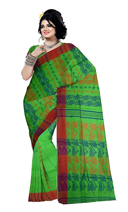 Pradip Fabrics Woven Tant Cotton All Over Dhakai Jamdani Green Saree