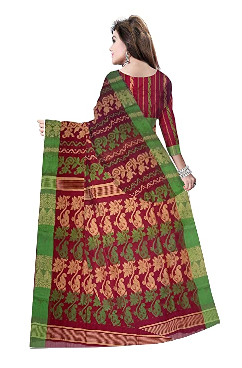 Pradip Fabrics Woven Tant Cotton All Over Dhakai Jamdani Maroon color Saree