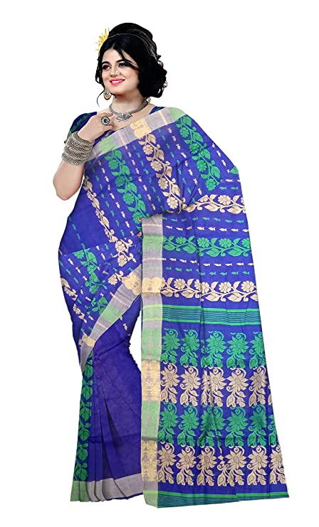 Pradip Fabrics Woven Tant Cotton All Over Dhakai Jamdani Blue Saree