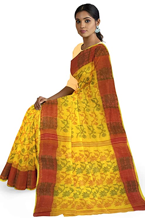 Pradip Fabrics Woven Tant Cotton Yellow Saree