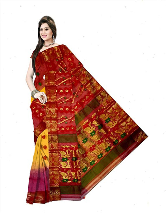 Pradip Fabrics Ethnic Women's Tant Silk Red and Yellow Color Baluchuri Saree