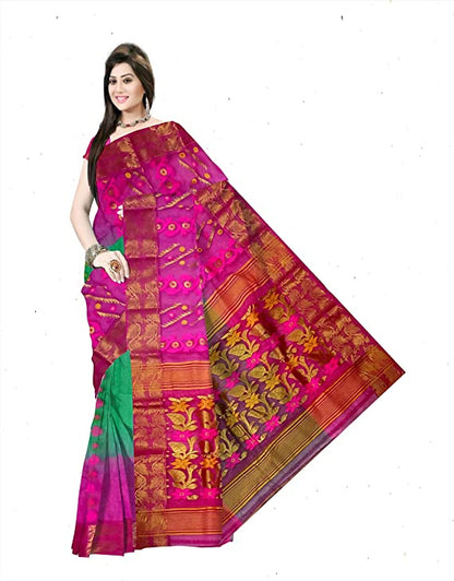 Pradip Fabrics Ethnic Women's Tant Silk Pink and Green Color Baluchuri Saree