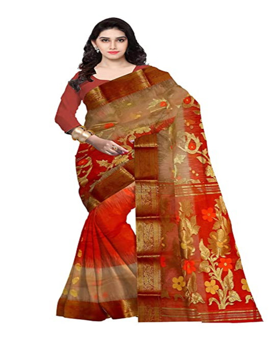 Pradip Fabrics Ethnic Women's Tant Silk Red and cream  Color Baluchuri Saree