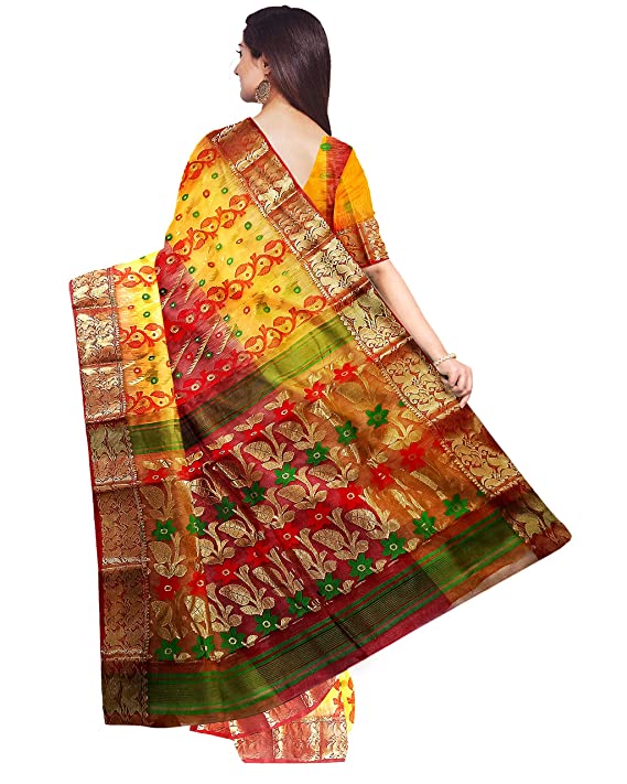 Pradip Fabrics Ethnic Women's Tant Silk Yellow and Red Color Baluchuri Saree