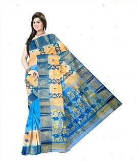 Pradip Fabrics Woven Tant Silk Yellow & Sky Blue Color Saree