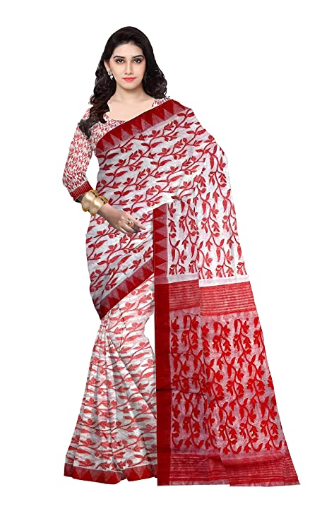 Pradip Fabrics Ethnic Women's Tant Cotton All Over Gap Dhakai Jamdani Red And White Color Saree