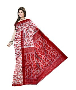 Pradip Fabrics Ethnic Women's Tant Cotton All Over Gap Dhakai Jamdani Red And White Color Saree