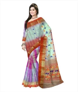 Pradip Fabrics Ethnic Women's Tant Cotton Silk Orange and White Color Saree