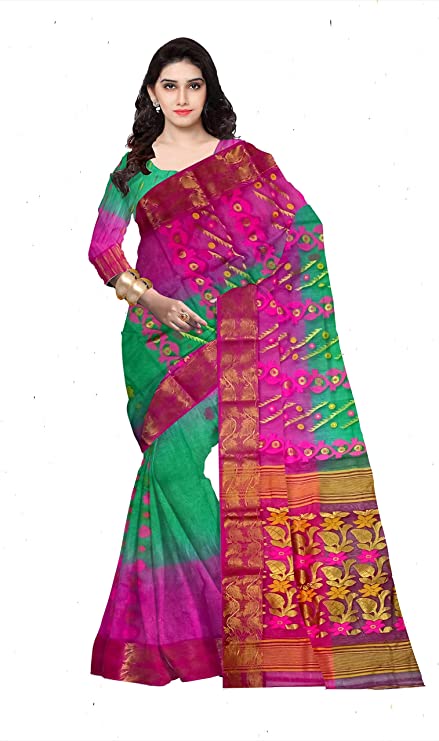 Pradip Fabrics Ethnic Women's Tant Silk Pink and Green Color Baluchuri Saree