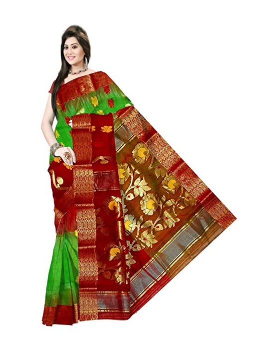 Pradip Fabrics Ethnic Women's Tant Silk Green and Red Color Baluchuri Saree