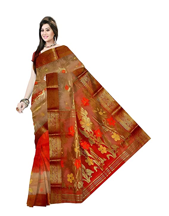 Pradip Fabrics Ethnic Women's Tant Silk Red and cream  Color Baluchuri Saree