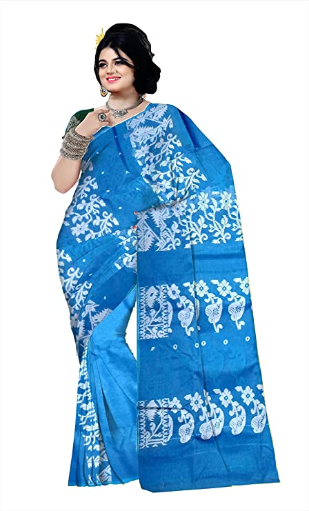 Pradip Fabrics Ethnic Women's Tant jamdani Aqua Color Saree