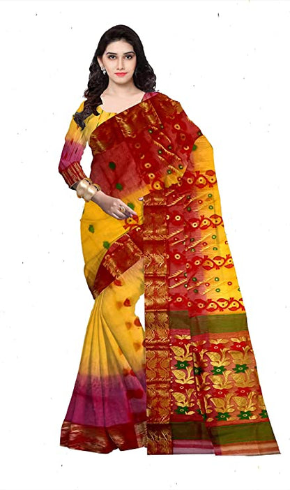 Pradip Fabrics Ethnic Women's Tant Silk Red and Yellow Color Baluchuri Saree