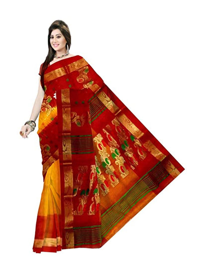 Pradip Fabrics Ethnic Women's Tant Silk White and Red Color Baluchuri Saree