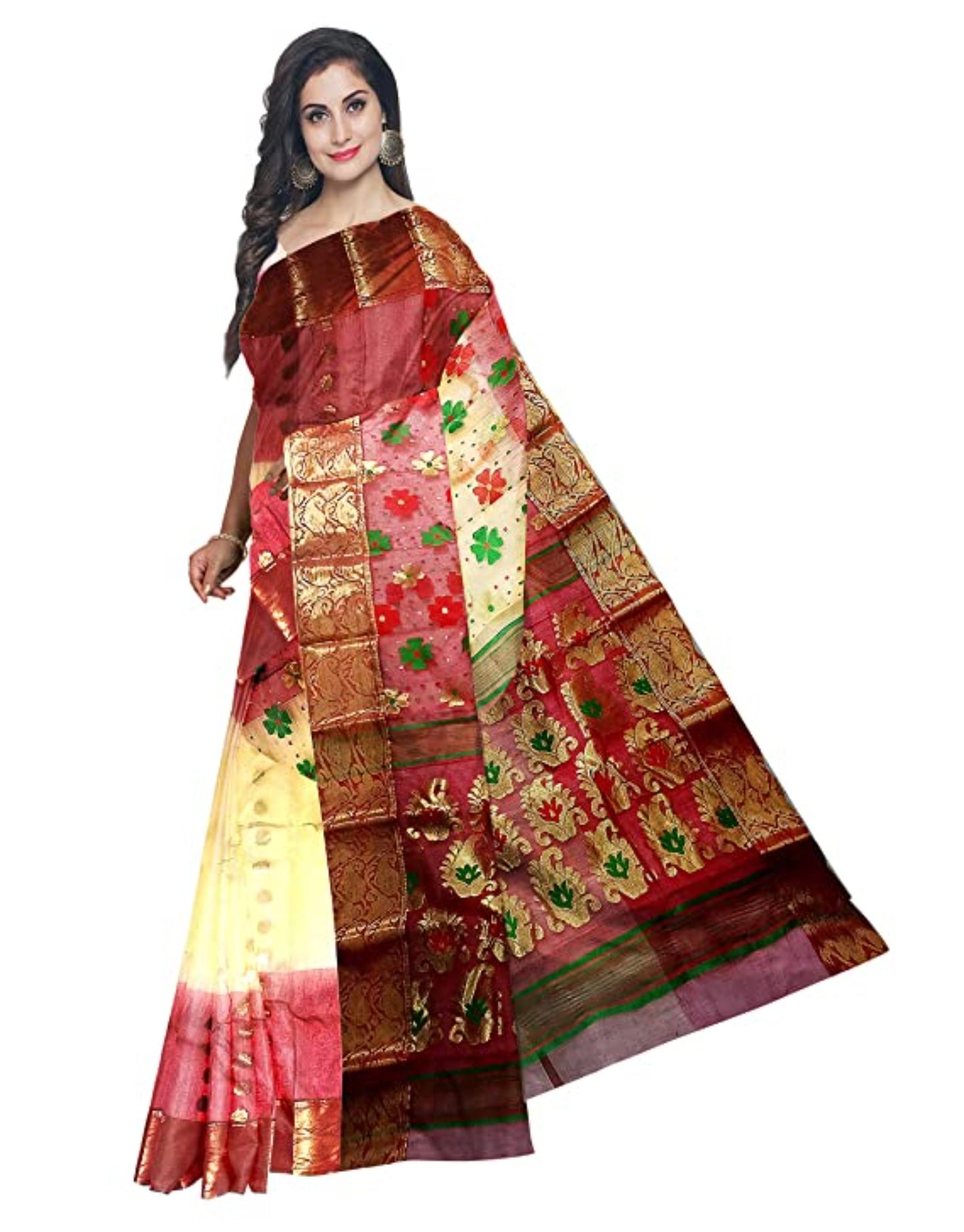 Pradip Fabrics Ethnic Women's Tant Silk Orange-red Yellow Color Baluchuri Saree
