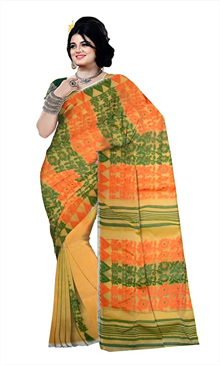 Pradip Fabrics Ethnic Women's Tant jamdani Mustard Color Saree