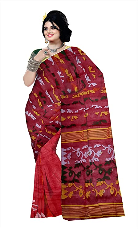 Pradip Fabrics Ethnic Women's Tant Jamdani Dark Red Color Floral Design Saree