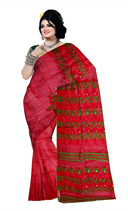 Pradip Fabrics Ethnic Women's Tant Jamdani Red And Green Color Saree