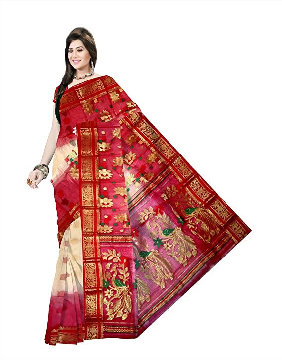 Pradip Fabrics Woven Tant Silk Soft white & Red Color Saree