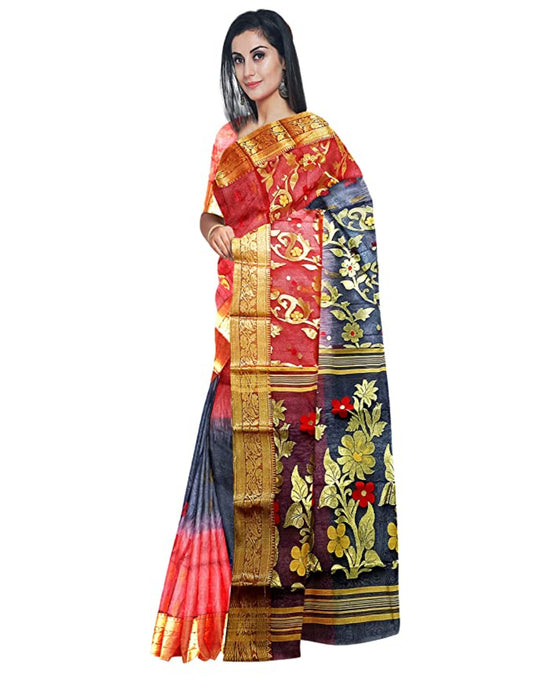 Pradip Fabrics Ethnic Women's Tant Silk Red Black Color Baluchuri Saree
