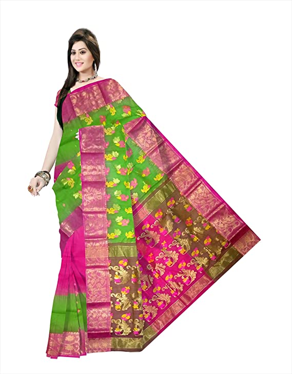 Pradip Fabrics Woven Tant Silk Green & Pink Color Saree