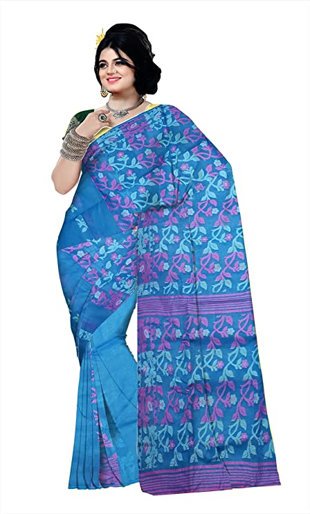Pradip Fabrics Ethnic Women's Cotton Tant jamdani Sky Blue Color Saree