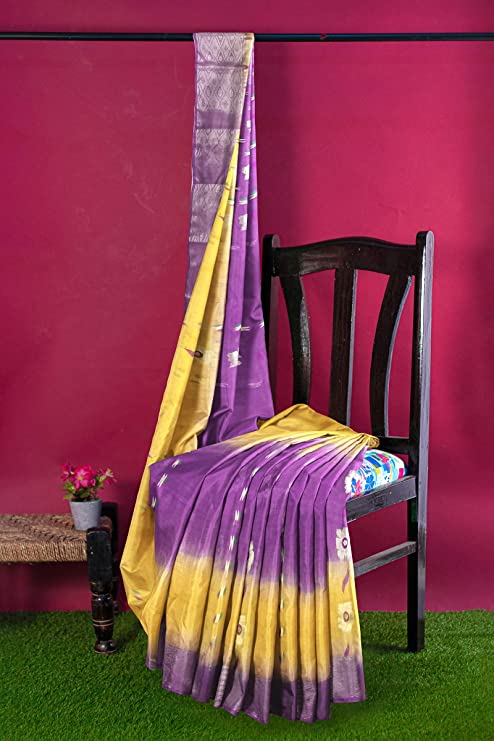 Pradip Fabrics Woven Tant Silk Yellow and Purple color Blend Saree