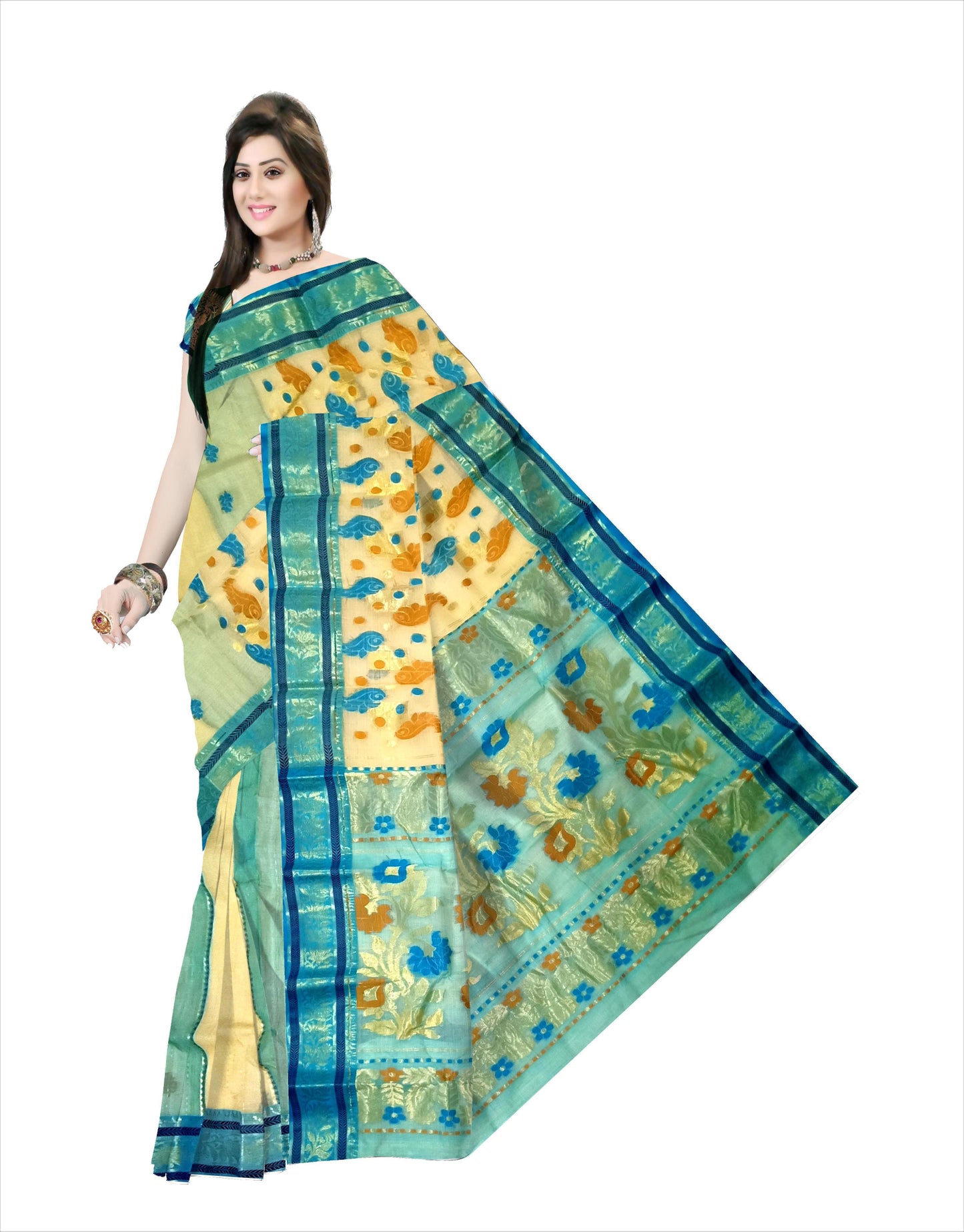 Pradip Fabrics Woven Pure Tant Tussar Silk Cream & Green Color Saree