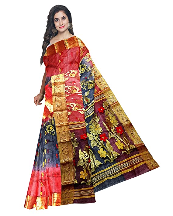 Pradip Fabrics Ethnic Women's Tant Silk Red Black Color Baluchuri Saree