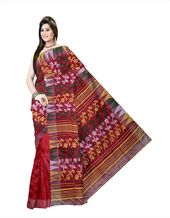 Pradip Fabrics Ethnic Women's Tant Jamdani Red Color Mina Par Saree