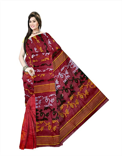 Pradip Fabrics Ethnic Women's Tant Jamdani Dark Red Color Floral Design Saree