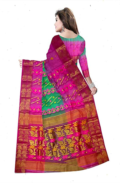 Pradip Fabrics Ethnic Women's Tant Silk Pink and Green Color Baluchuri Saree