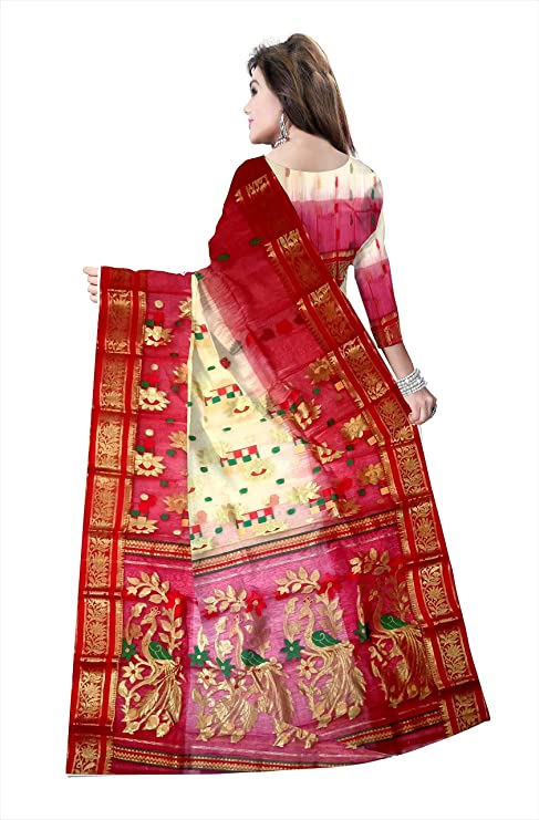 Pradip Fabrics Woven Tant Silk Soft white & Red Color Saree
