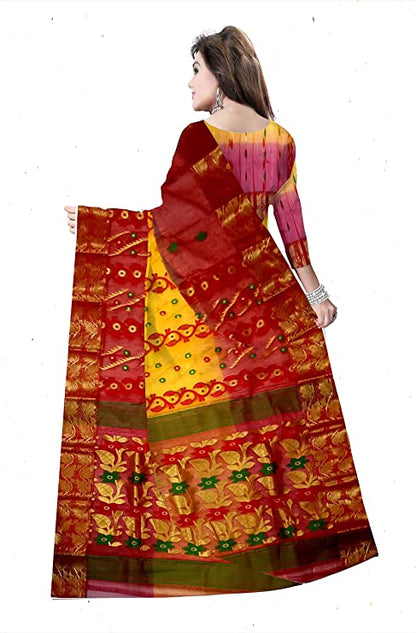 Pradip Fabrics Ethnic Women's Tant Silk Red and Yellow Color Baluchuri Saree