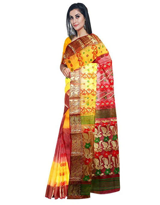 Pradip Fabrics Ethnic Women's Tant Silk Yellow and Red Color Baluchuri Saree